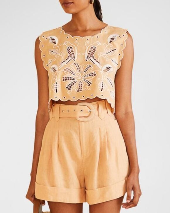 FARM Rio Tops - Farm Rio Sand Richilieu Embroidery Sleeveless Crop Top Size M